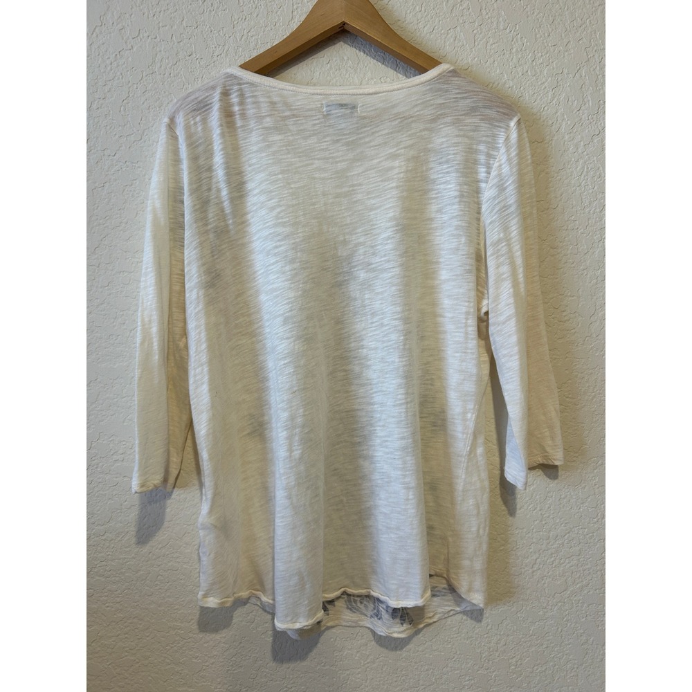 Lucky Brand Womens Top XL Cream Blue Damask V-Neck 3/4 Sleeve Slub Knit Boho - Picture 2 of 6